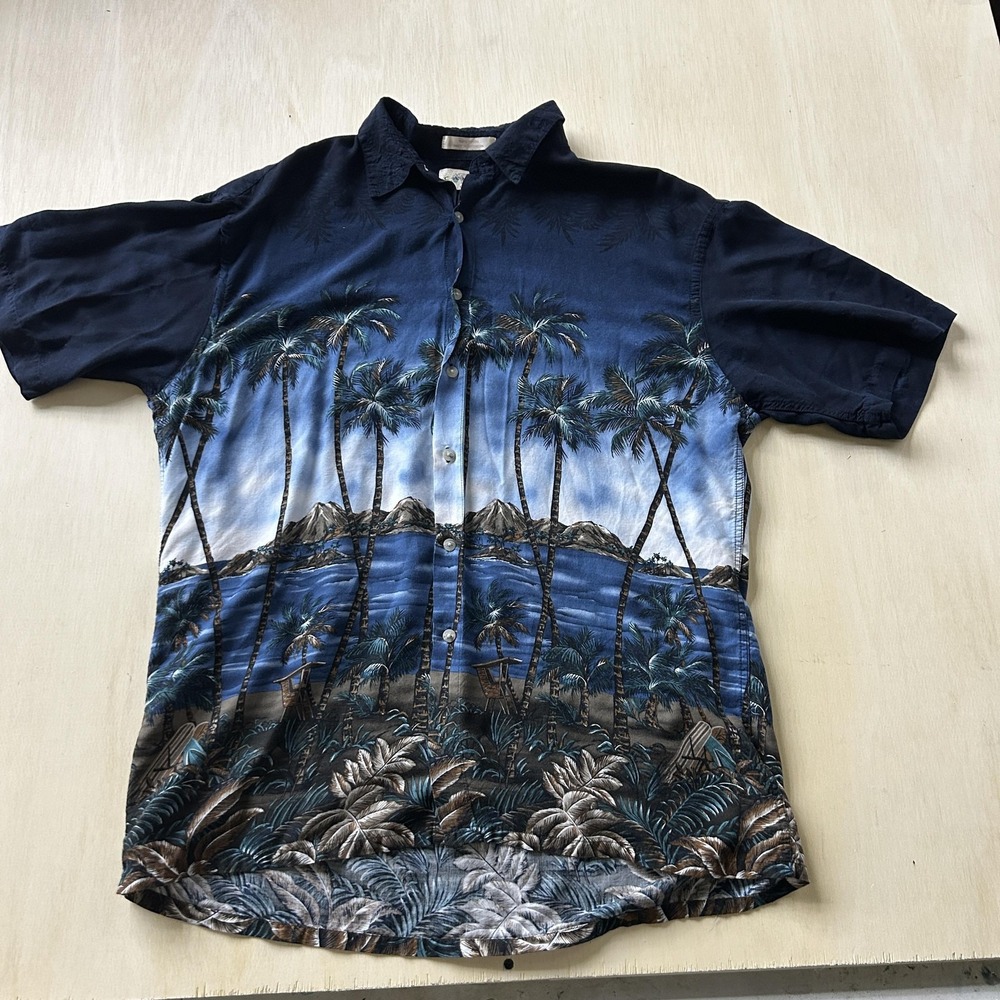 MP Hawaiian Shirt Mens Large Blue Palm Tree Beach‎ Scenic Aloha Rayon Button Up
